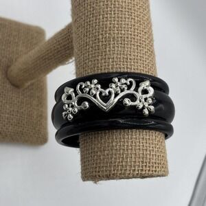 Vtg Black Lucite Chunky Silver Heart Bangle Statement Bracelet Bold Big
